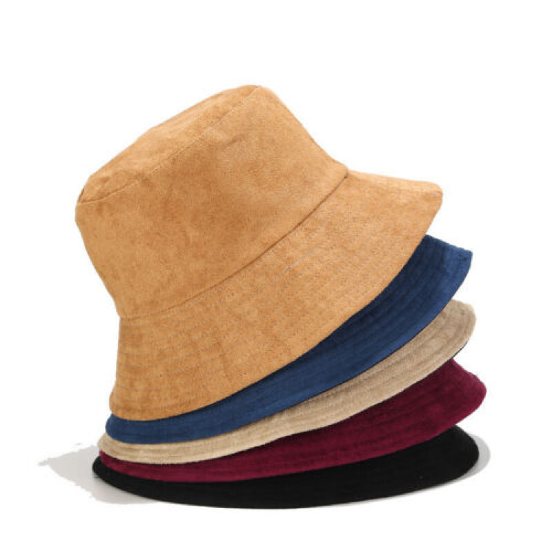 Mens Womens Double Sided Bucket Hat Solid Color Suede Wide Brimmed Fishing Hats