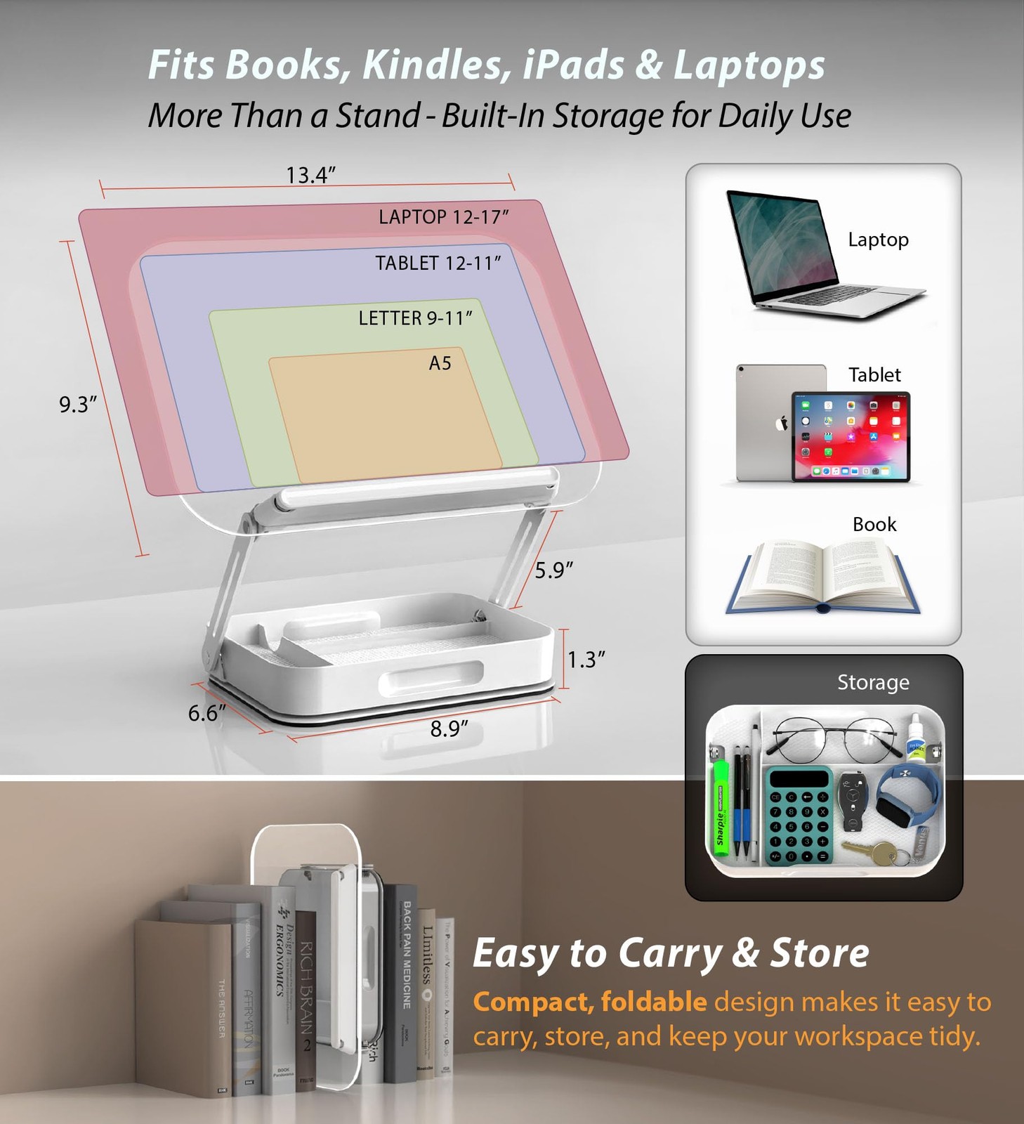 Acrylic Book Stand with Storage, 360° Rotating, Foldable Storage