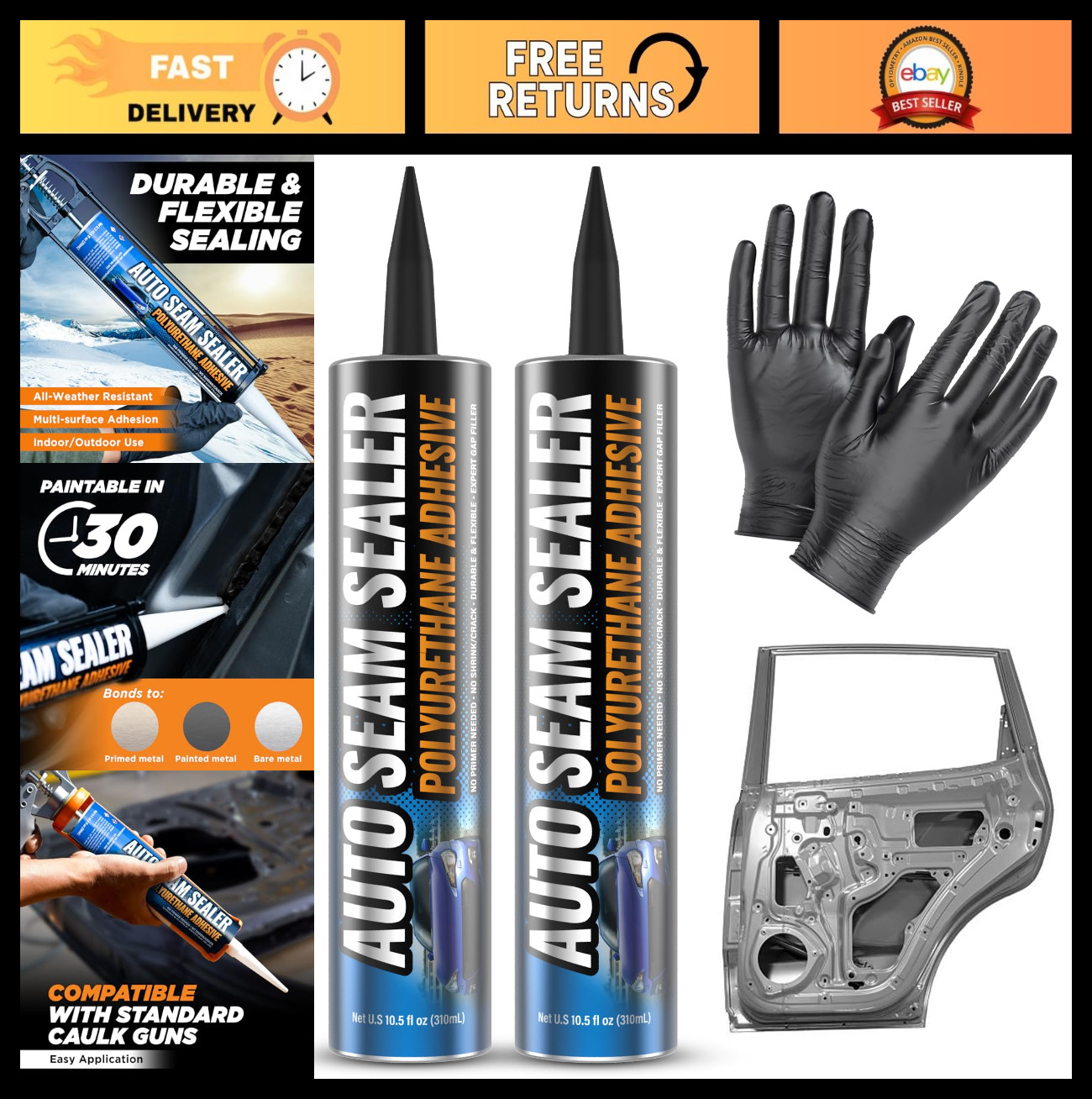 2 Pack Quick-Set Polyurethane Automotive Seam Sealer - Paintable, Metal Surface,