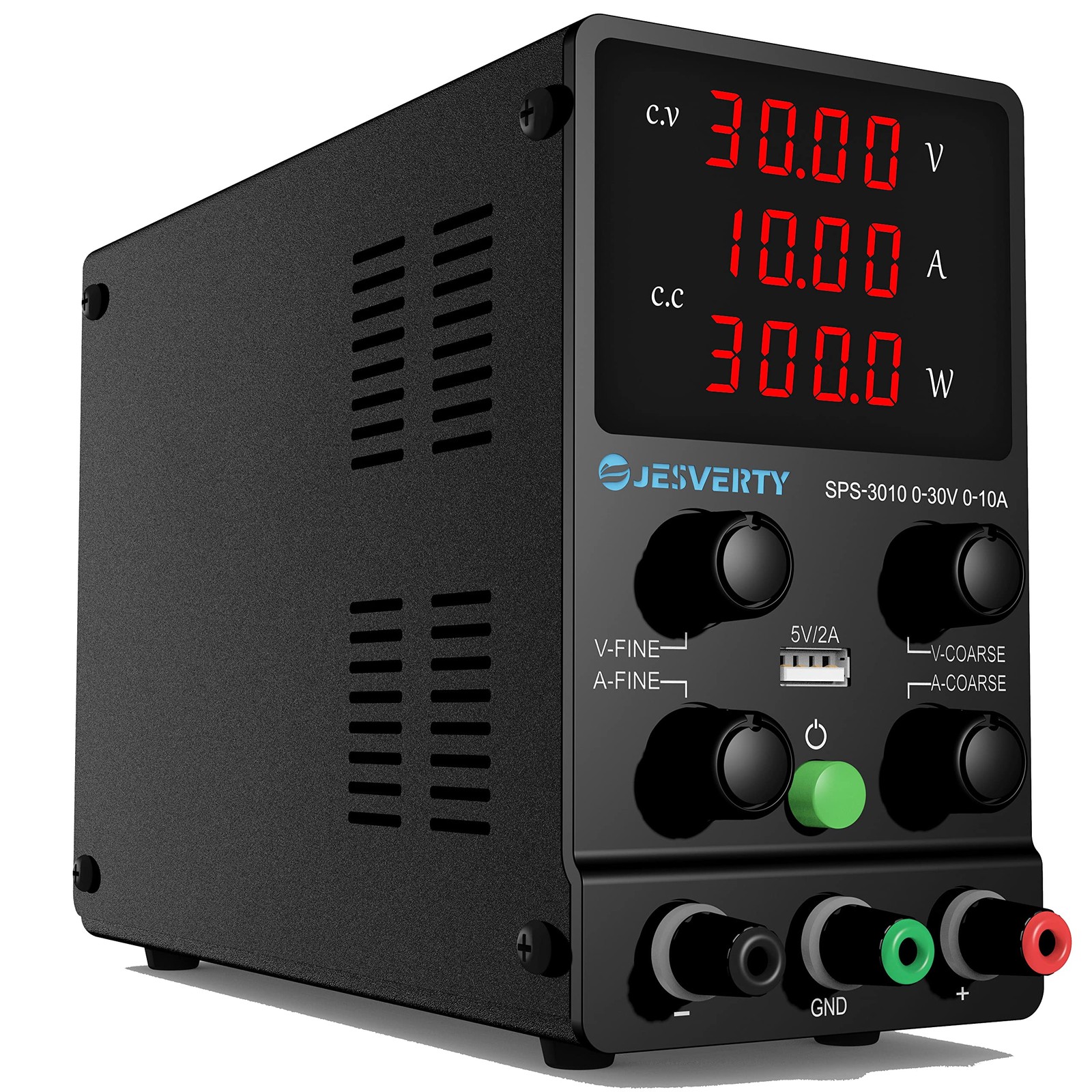 30V 10A Variable DC Power Supply, 4-Digit LED, USB Port, Coarse/Fine Adjust