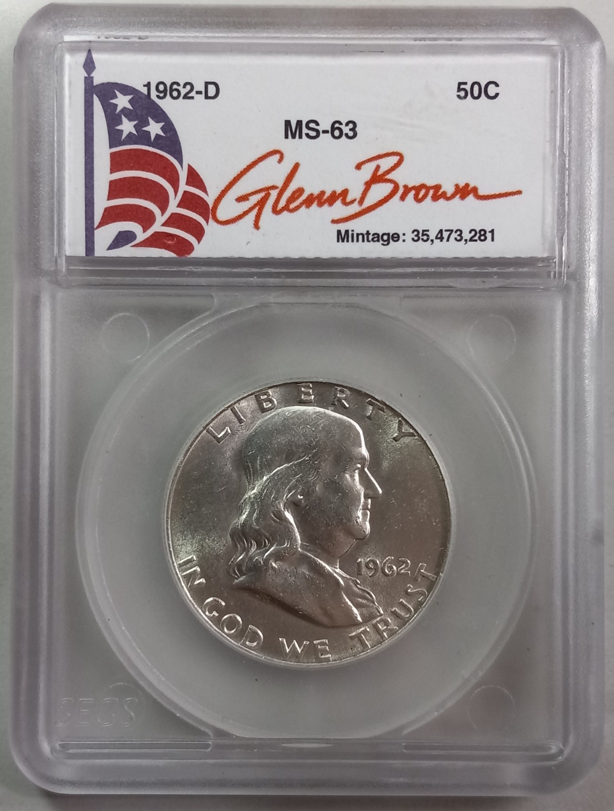 1962-D Franklin Half Dollar SEGS MS SIXTY THREE Signature Series (Glenn Brown)