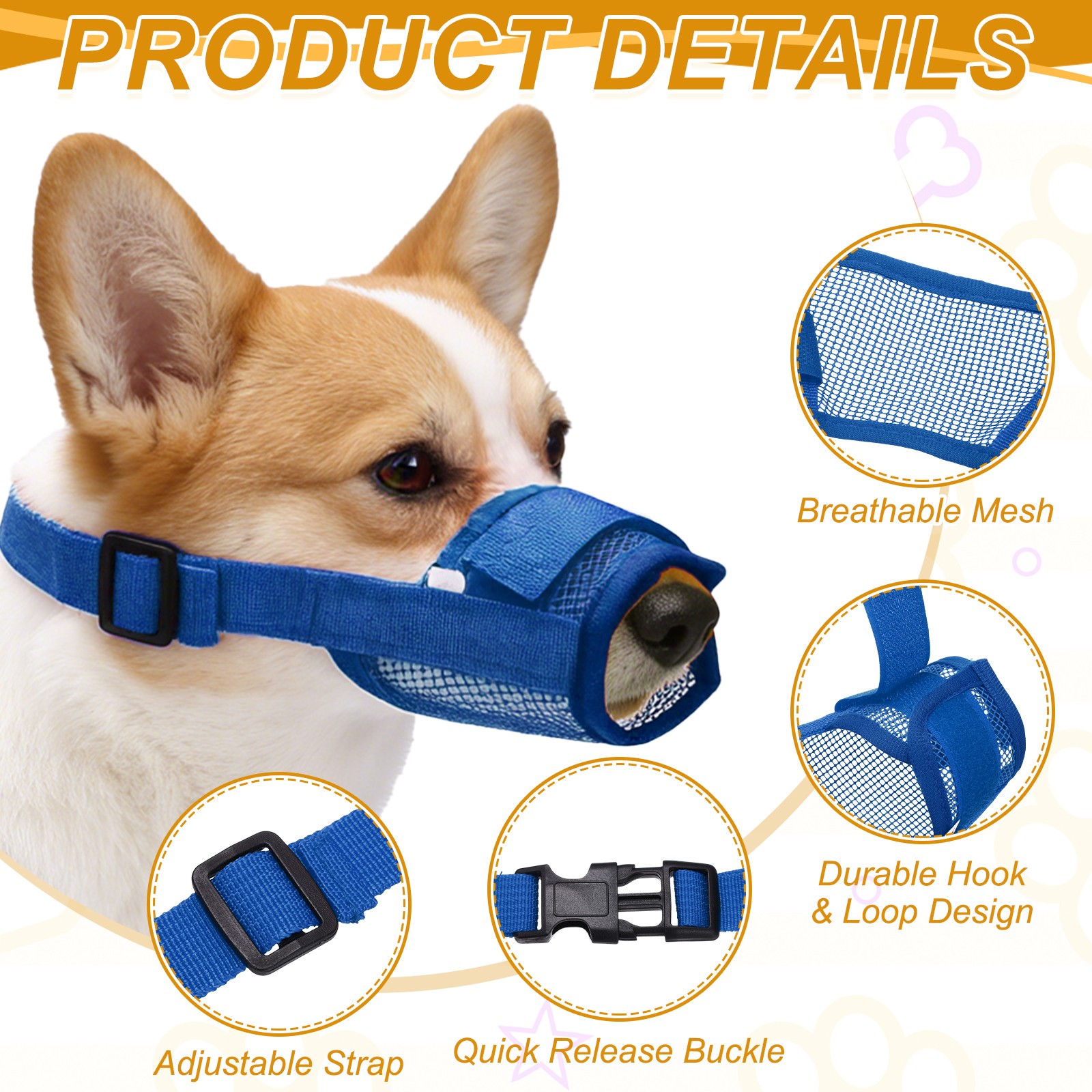 2Pcs Dog Muzzle Soft Mesh Muzzle Mouth Guard Cover Yellow Blue M