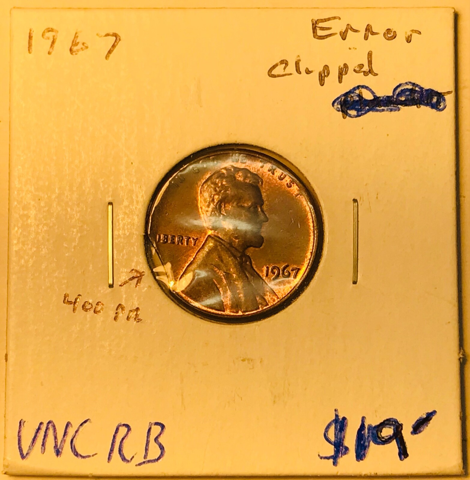 1967 Lincoln cent with curved clip Unc RB