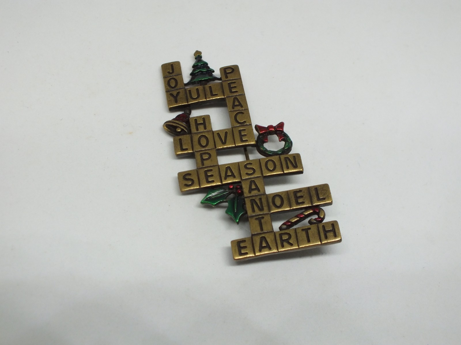 Christmas Crossword Puzzle Brass tone Enamel Signed JJ 2 1/2 x 1 1/2" NICE