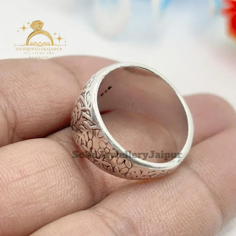 Solid 925 Silver Dome Ring Chunky Boho Flower Power Wide Domed Band Ring Gift F