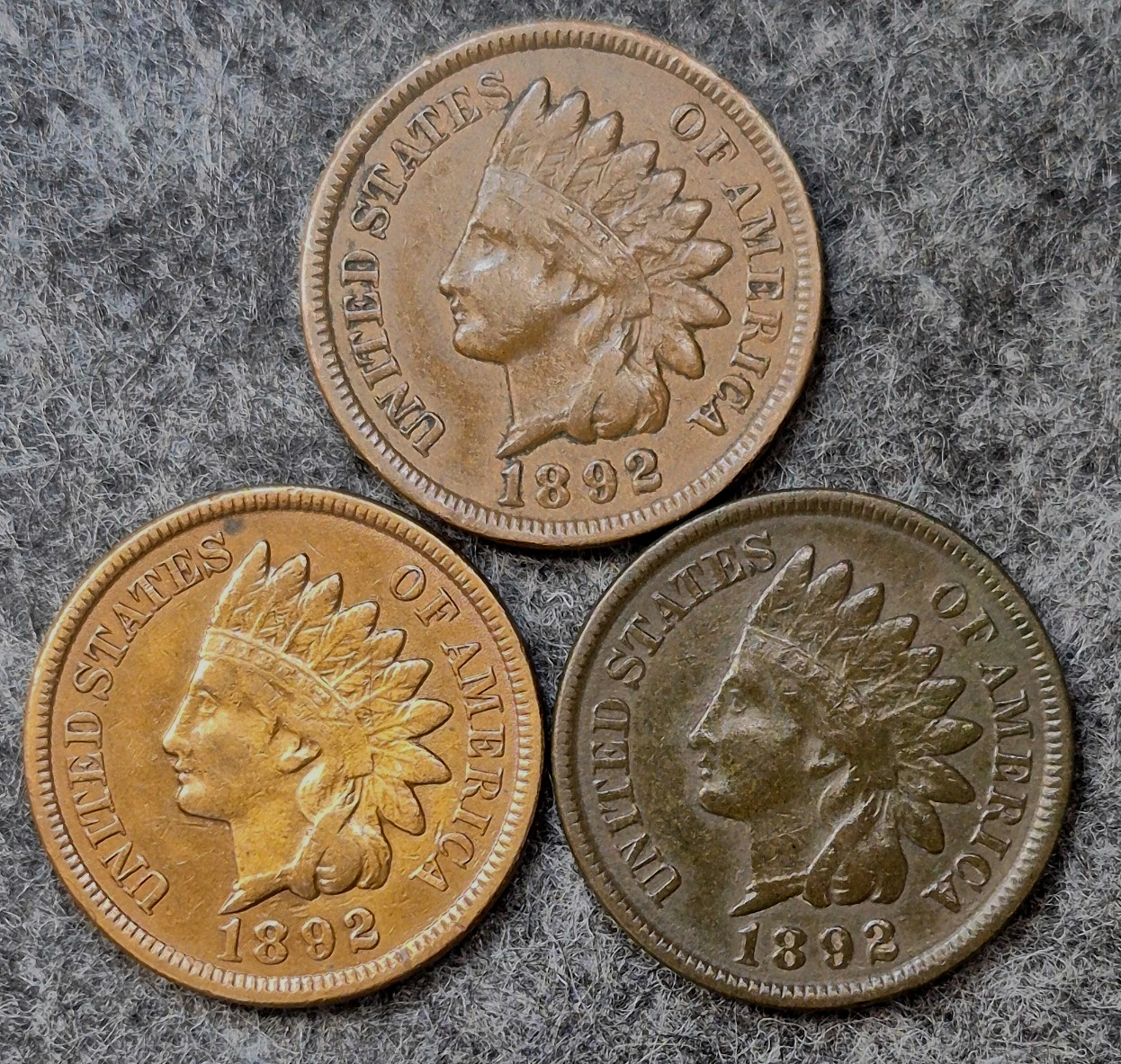 Lot (3) 1892 Indian Head Cents Different Tones Matching XF Features Coins Shown