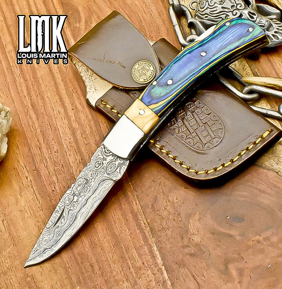 LMK Hot Item Ladder Damascus Pocket Folding Knife Hard Wood Back Lock EDC Unique