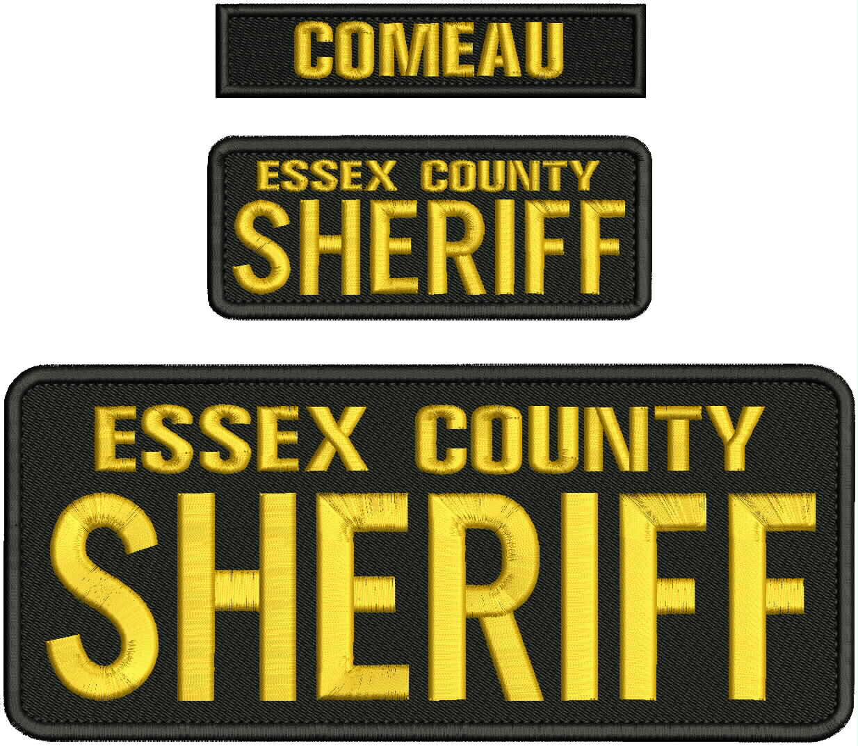 ESSEX COUNTY SHERRIFF Embroidery Patches 4x10 & 2X5 Velcr@ On Back Gold on black