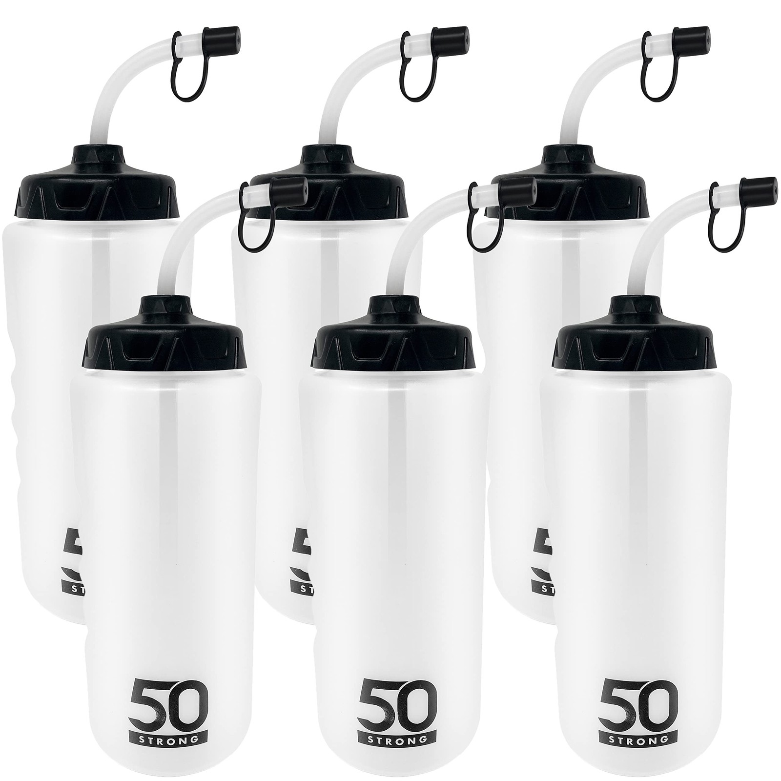 50 Strong 1 Liter BPA-Free Plastic Round Sports Water Bottle with Straw - 6 P...