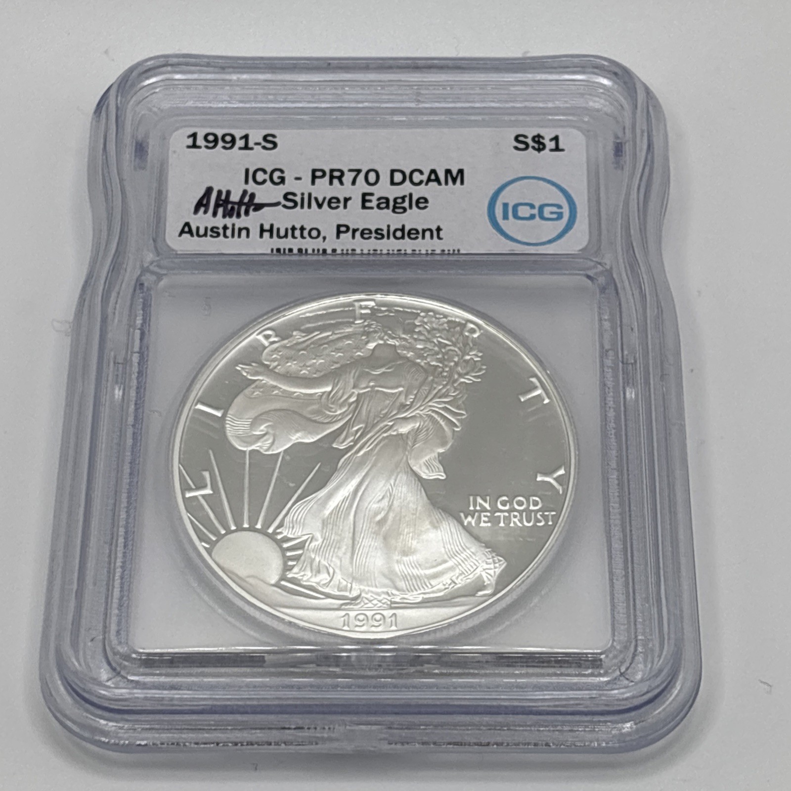 1991 S $1 American Silver Eagle 1oz ICG PR70DCAM Austin Hutto Signed