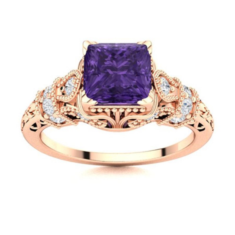 Amethyst Gemstone 925 Silver Prong Daughter Solitaire with Accents Ring