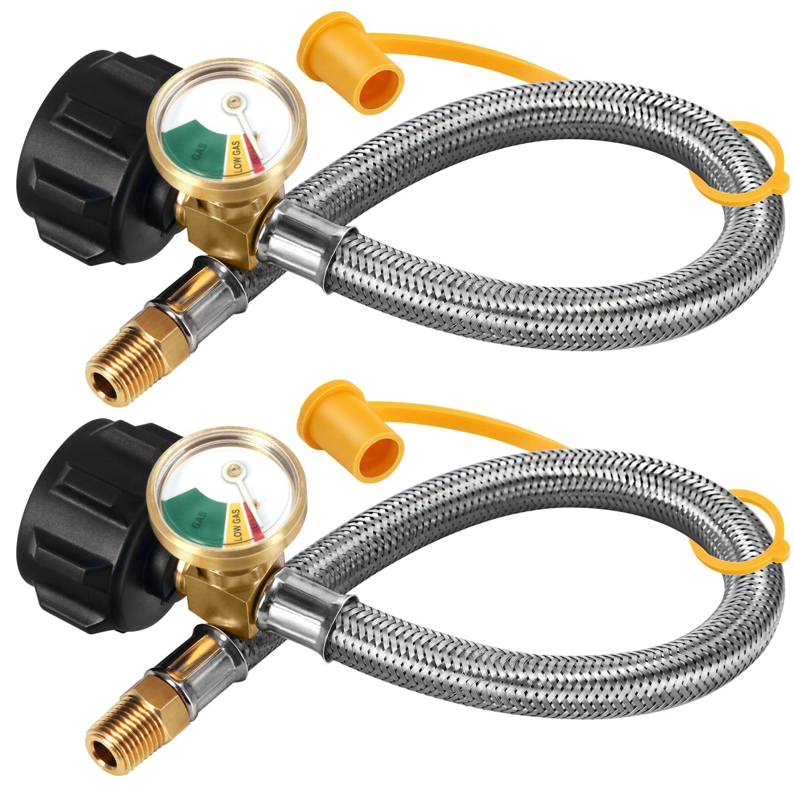 18 inch RV Propane Hoses with Gauge (Packs of 2), Stainless Steel Braided Cam...