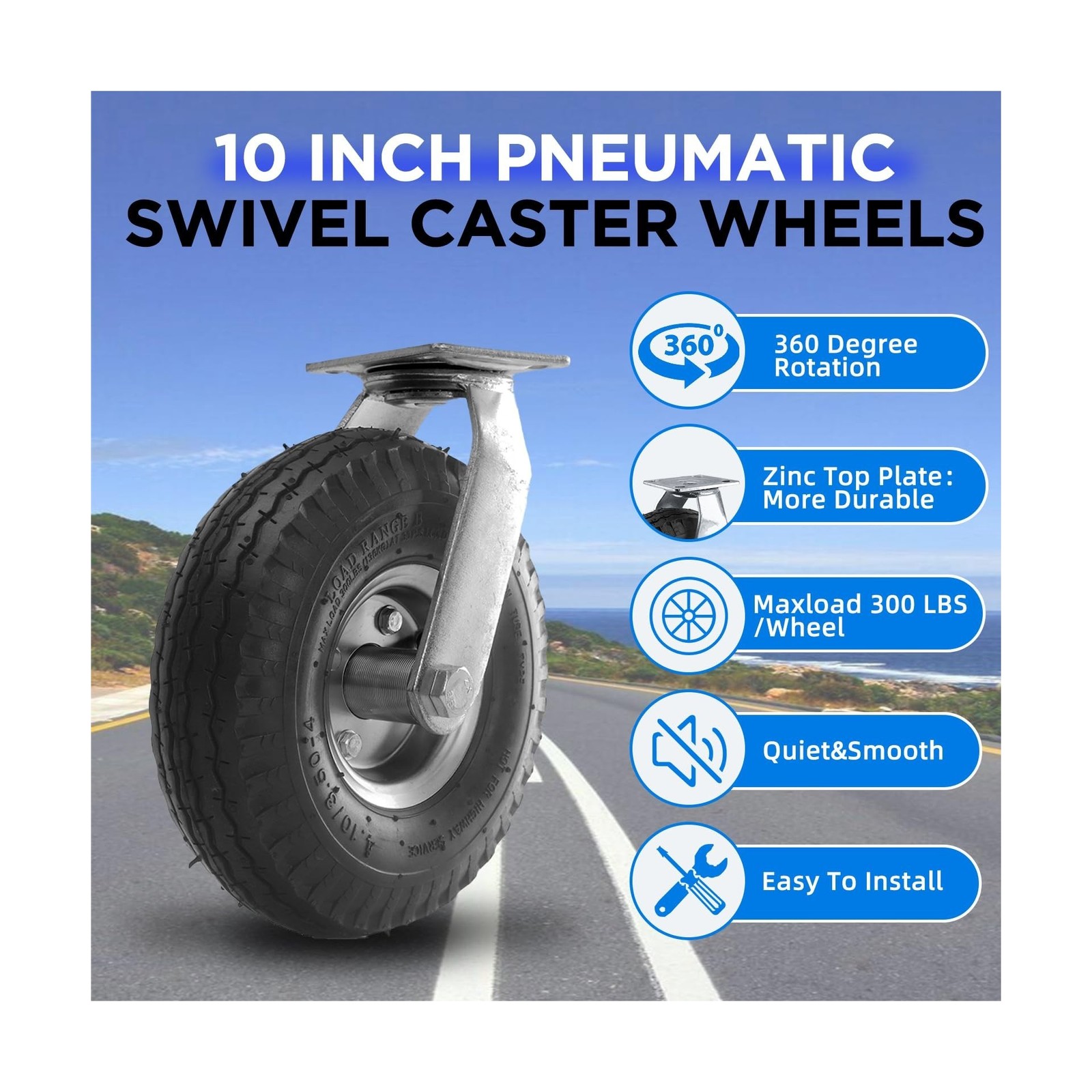 (2 Pack) RRQ 10 Inch Caster Wheels, Pneumatic Swivel Caster Wheels with Zinc ...