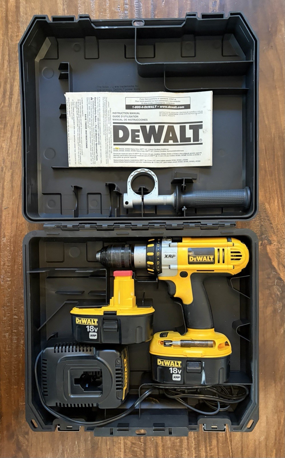 DeWalt DC920 XRP 18v 1/2" Heavy Duty Drill-Hard Case-Handle-Charger-2 Batteries