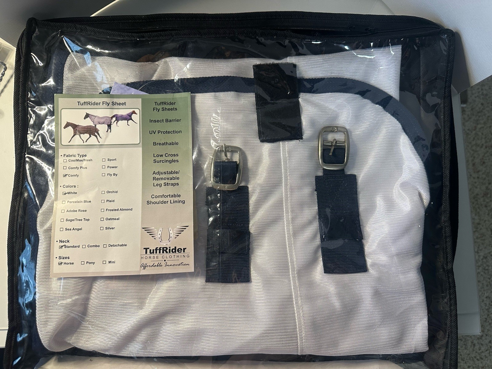 TuffRider Horse Clothing Mesh Fly Sheet Standard Size White/Navy Insect Barrier