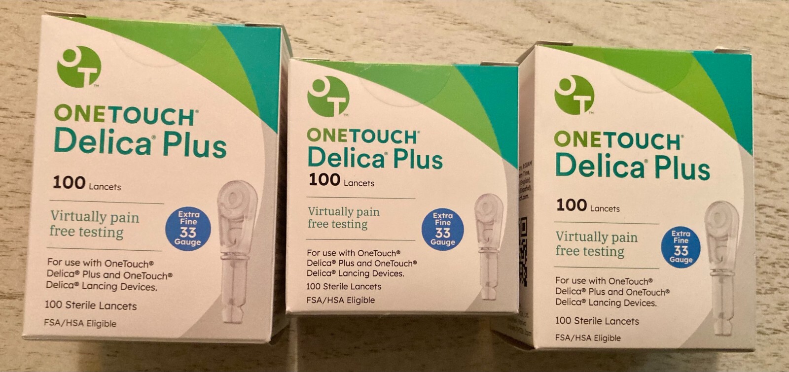 OneTouch Delica Plus 33G Lancets - 100 lancets x 3 boxes (300 total) - Sealed