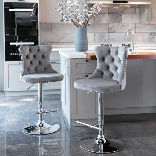 From 25-33 InchSet Of 2 ,Gray Swivel Velvet Barstools Adjusatble Seat Height