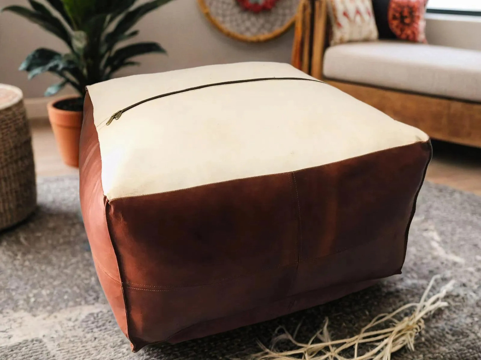 Elegant Brown Leather Footstool Ottoman Handmade Square Design 30'' Unstuffed