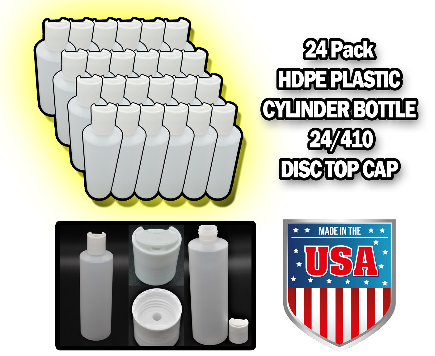 24 PK 8 oz. HDPE Plastic Cylinder Bottle With 24/410 Disc Cap Made In USA