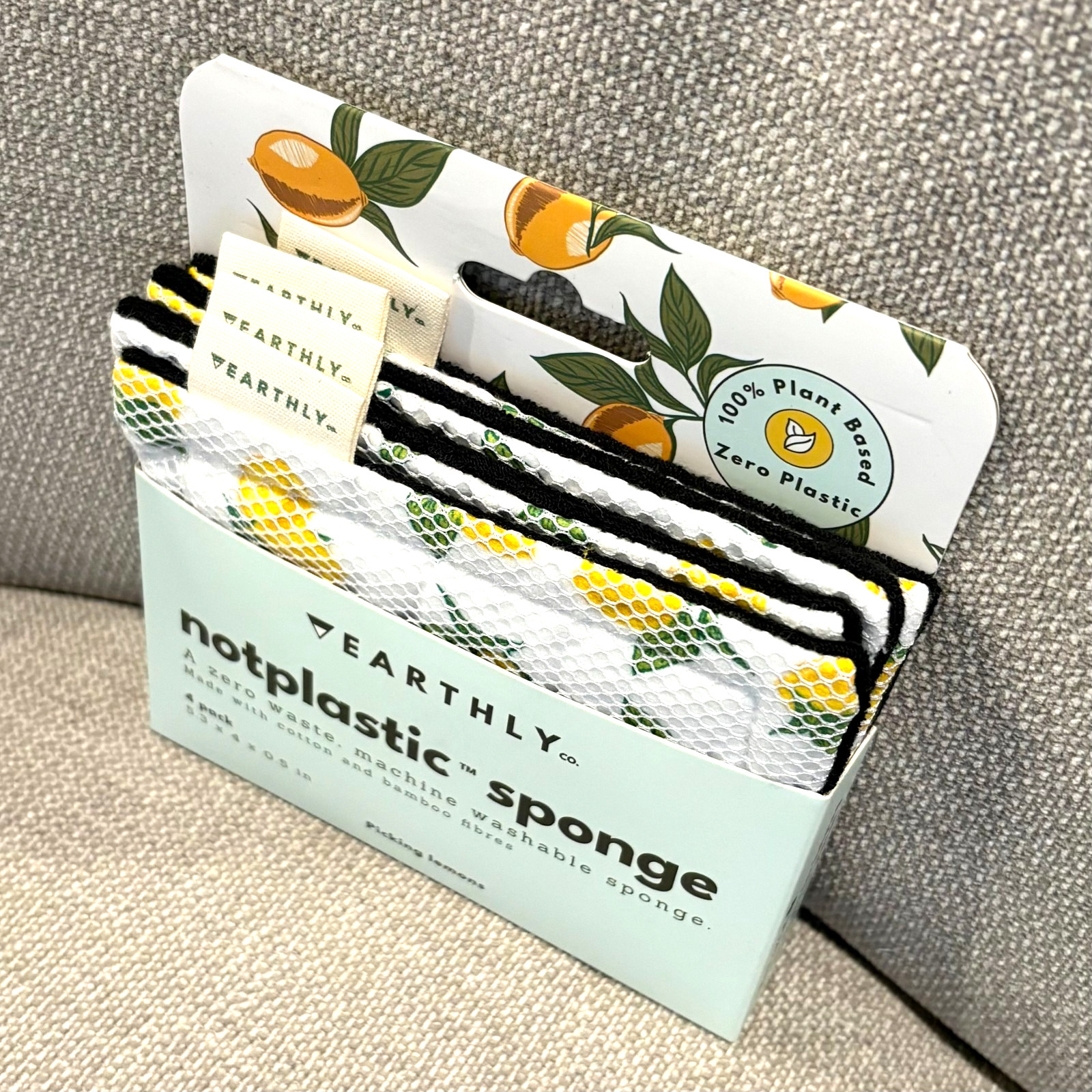 Earthly Notplastic Machine Washable Sponge 🧽 4 Pack 🍋 Lemon Print 🧽 Reusable