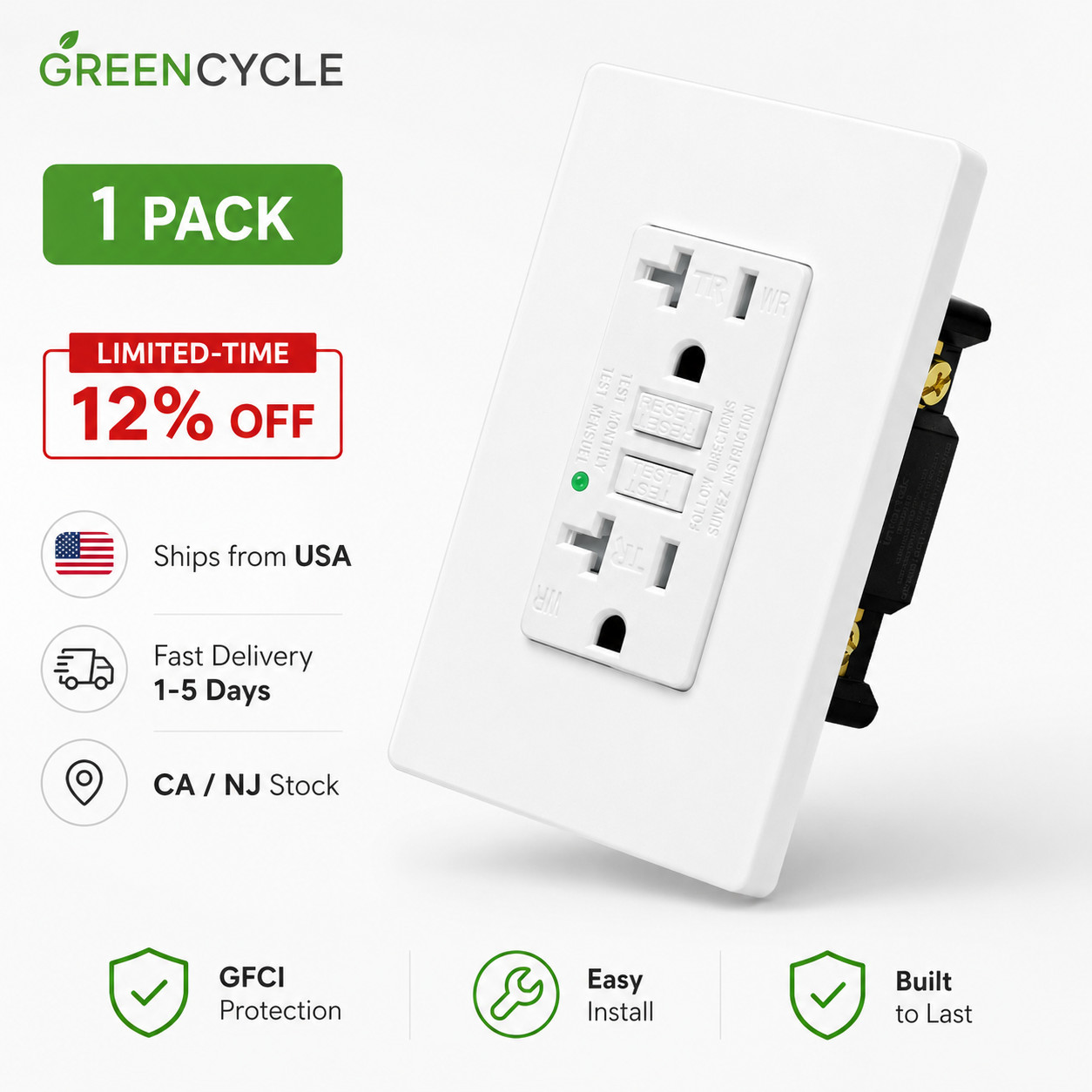 GFI Outlet 20 Amp WR TR GFCI Receptacles with Plate for Outdoor Kitchen Bathroom