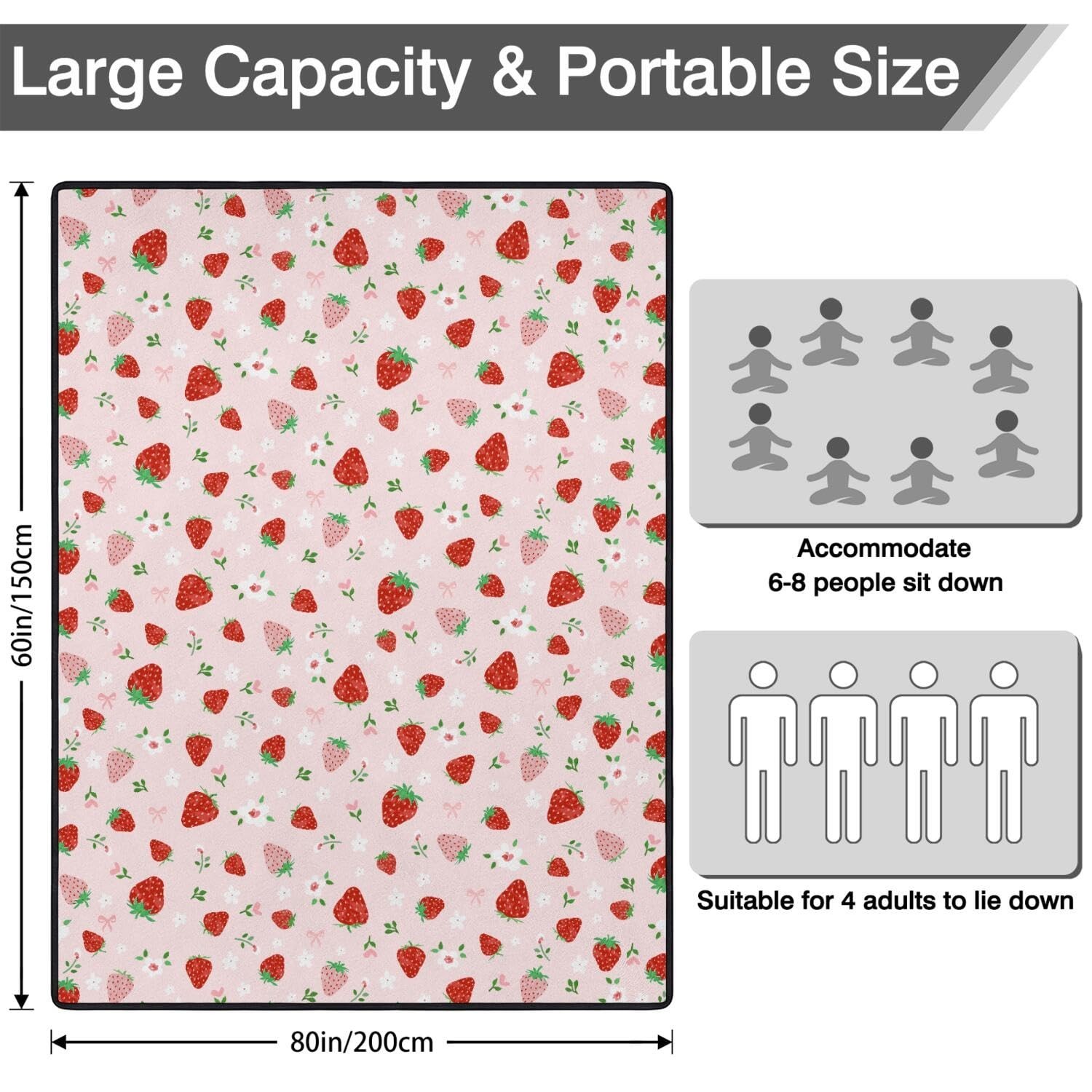 Strawberry Bow Picnic Blankets Waterproof Foldable, 60’‘x80'' Portab
