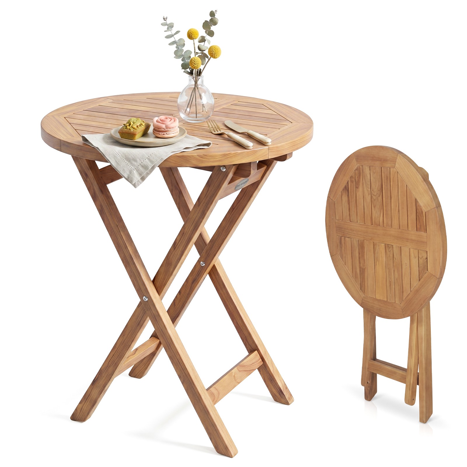 24” Round Solid Teak Outdoor Folding Bistro Table w/Footrest for Balcony, Garden
