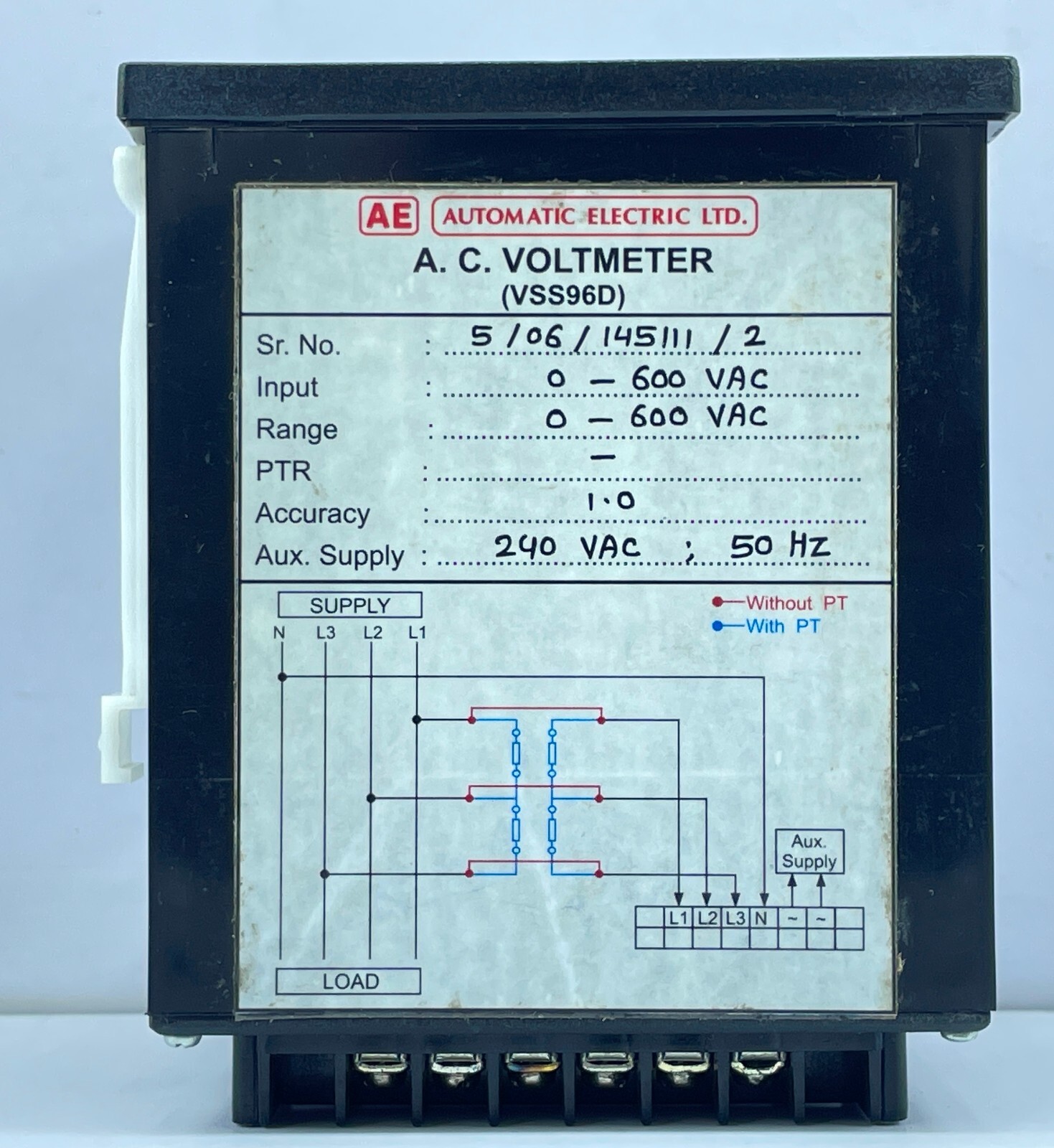 Automatic Electric A.C Voltmeter VSS96D Range 0-600 VAC Supply 240VAC