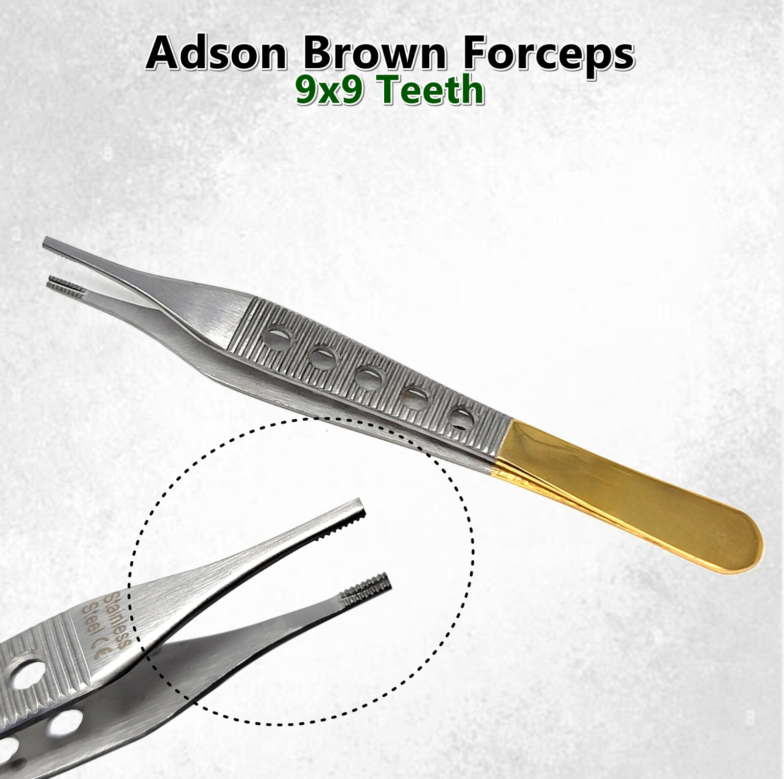 PLASTIC SURGERY ADSON BROWN TISSUE FORCEPS 9X9T 6" FENESTRATED GOLD HANDLE