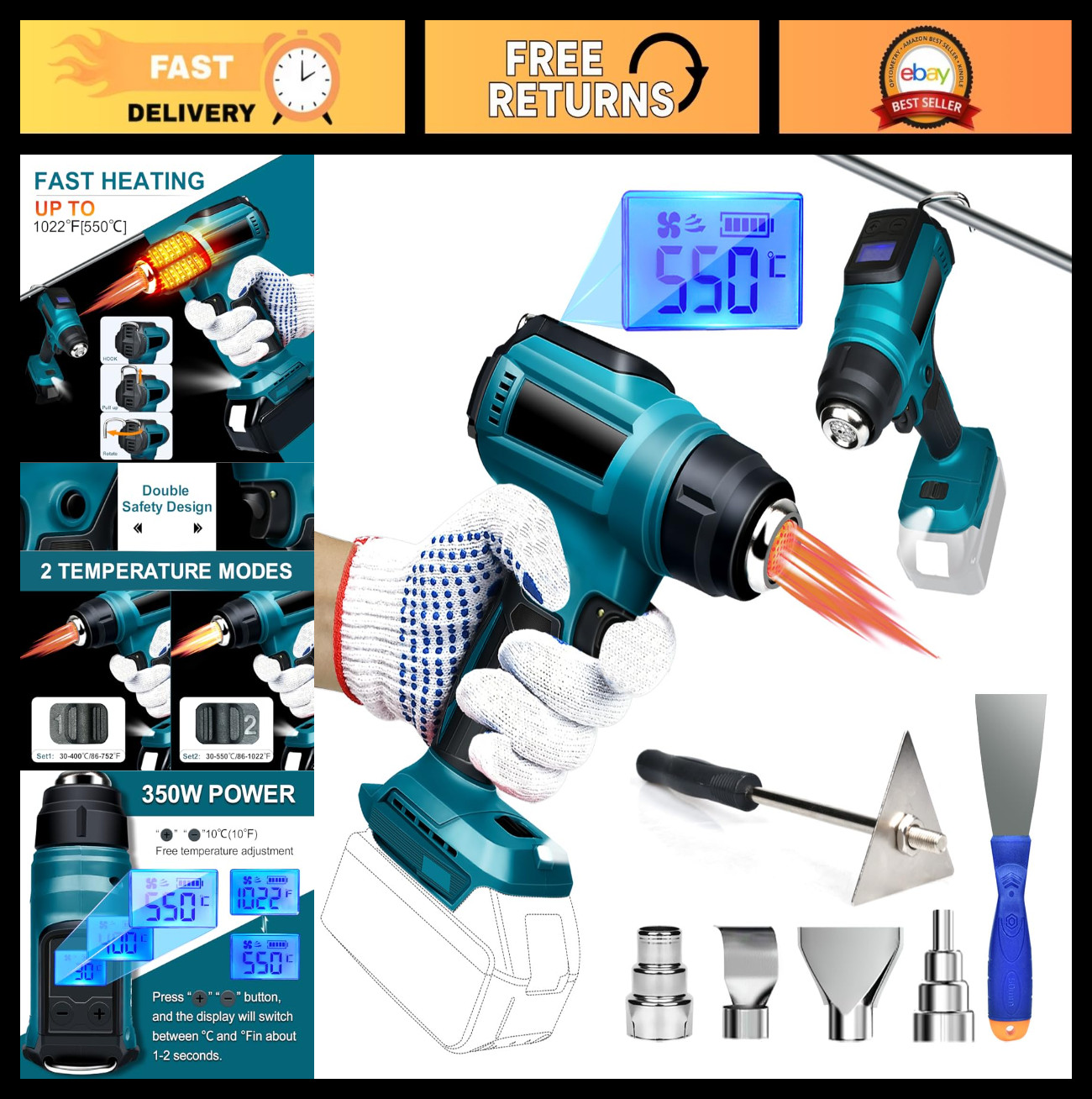 Cordless Heat Gun 350W, 122℉-1022℉ Fast Heating Soldering Tool, LCD Display for