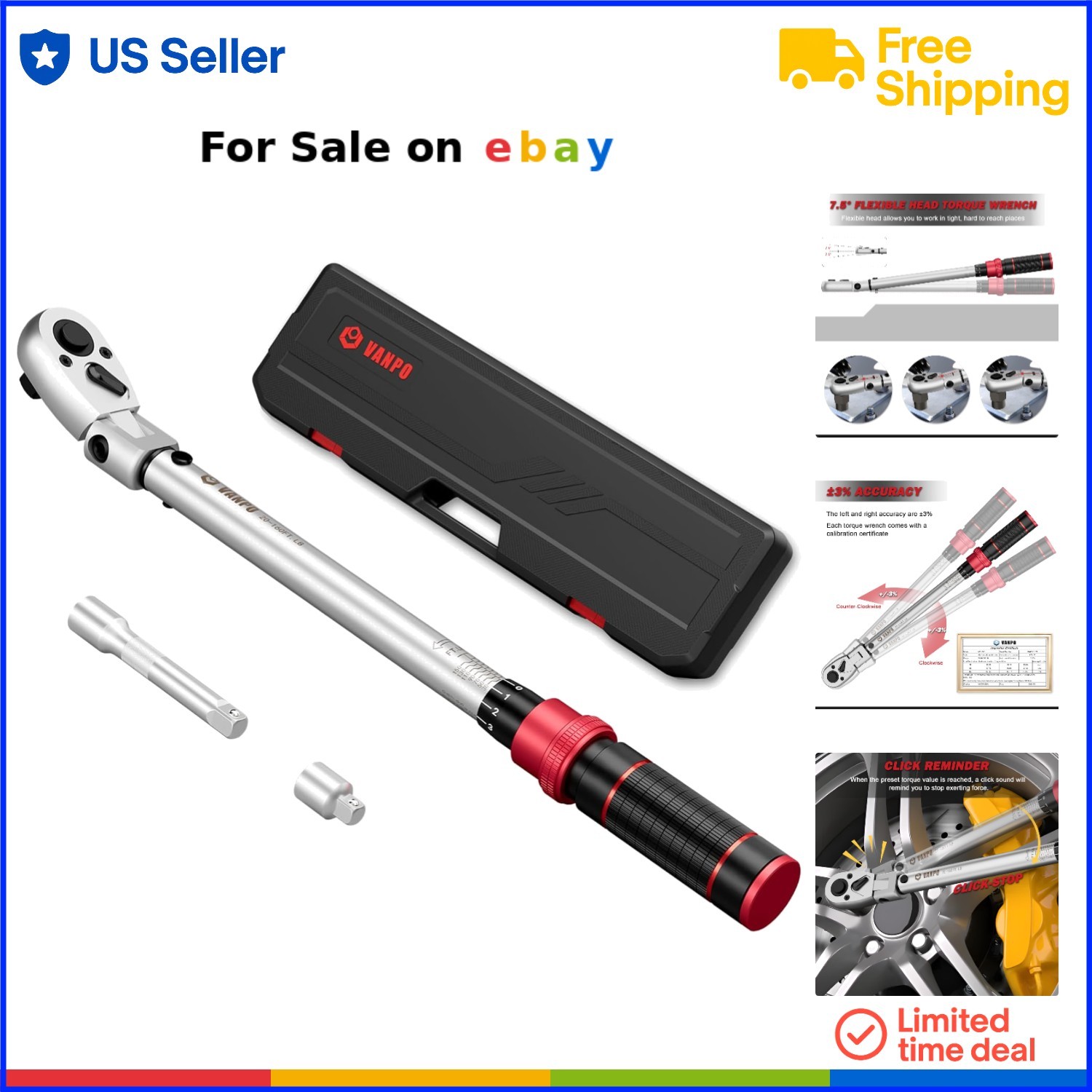 Flex Head Torque Wrench Alloy Steel 20-160 Ft.lb 1/2-Inch Drive Customizable