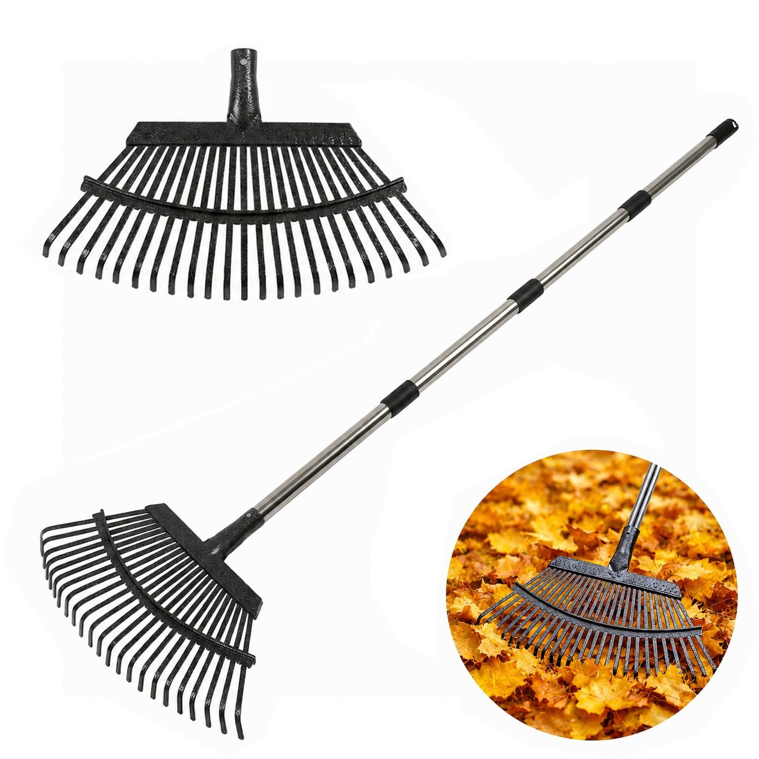 20" 25-Tine Metal Garden Rake for Leaves, Adjustable Long Handle