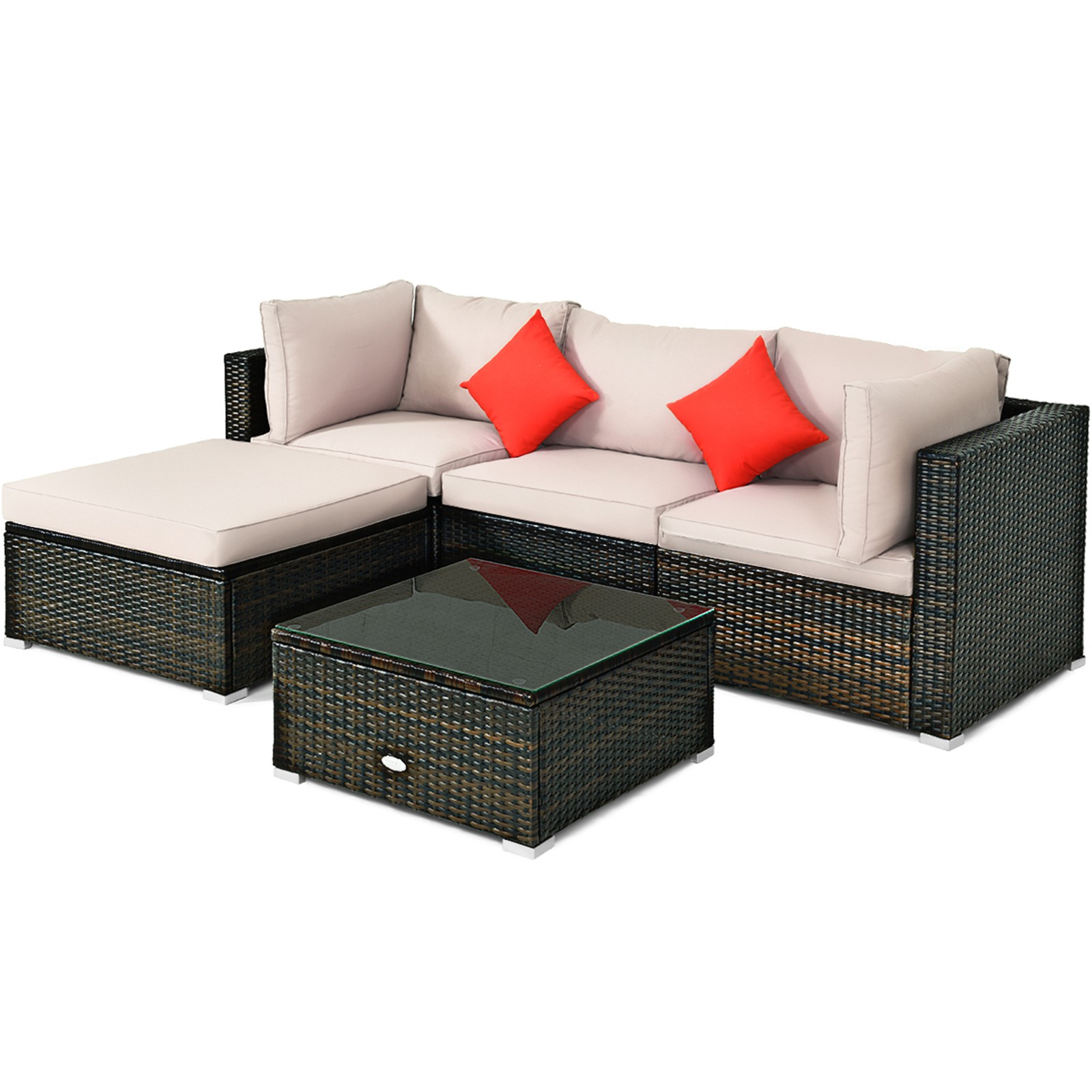 5PCS Rattan Sectional Sofa Set Patio Furniture Set w/ Beige Cushion Pillow