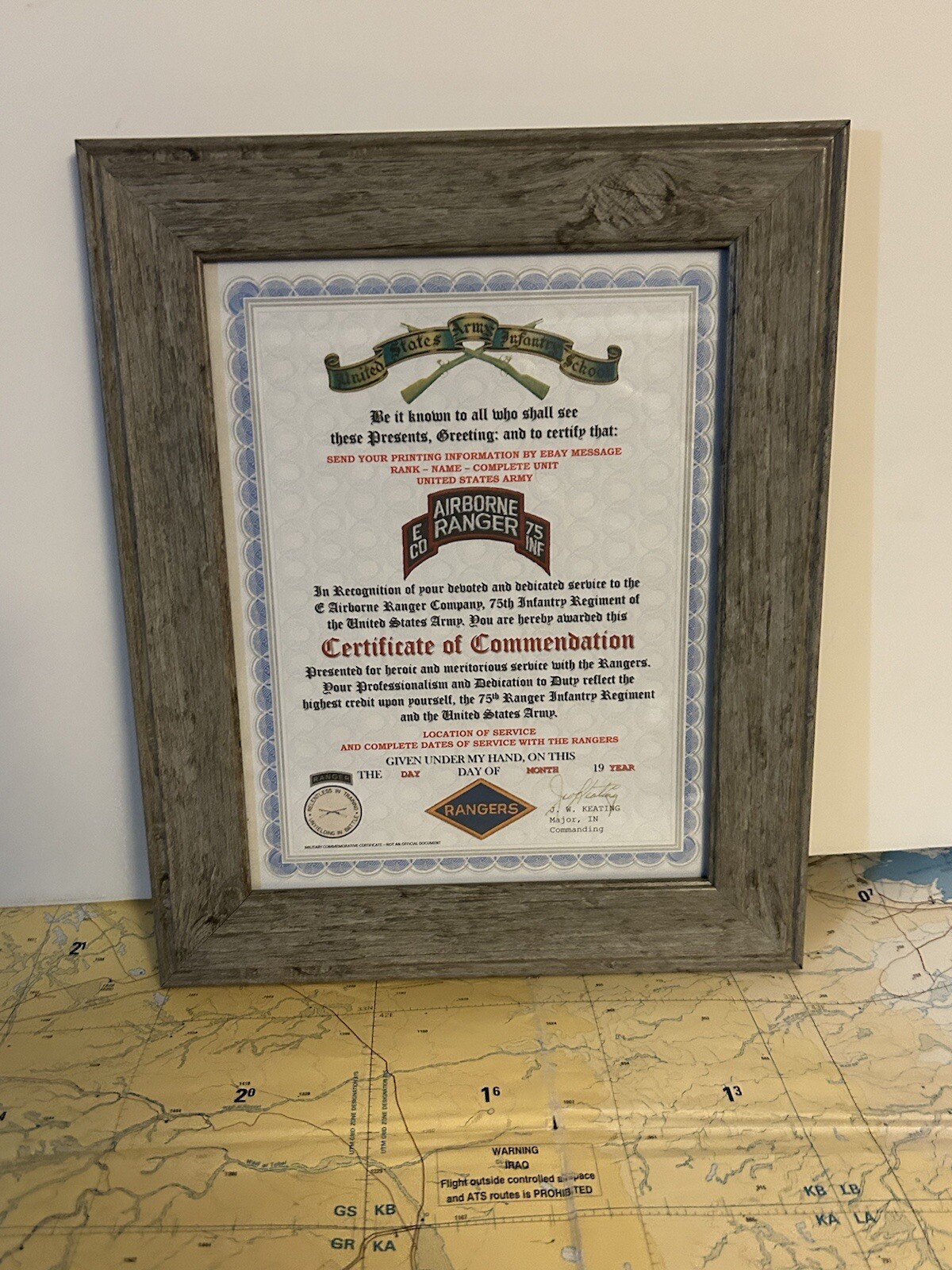 U.S. ARMY RANGER - E CO / 75 INFANTRY COMMENDATION CERTIFICATE (COMMEMORATIVE)