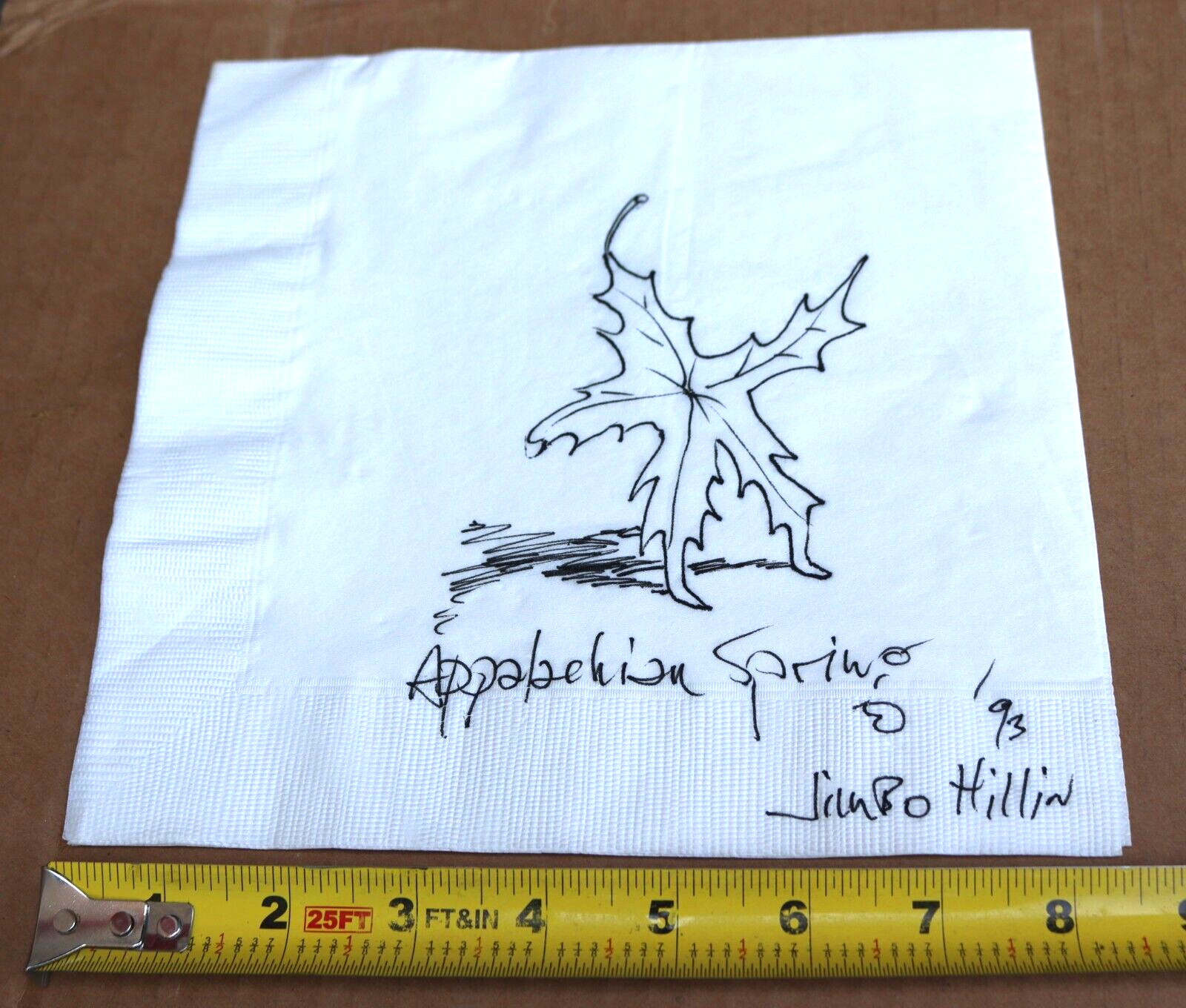 1993 NAPKIN ART DRAWING SKETCH APPPALACHIAN SPRING LEAF BY JIMBO HILLIN ARTIST