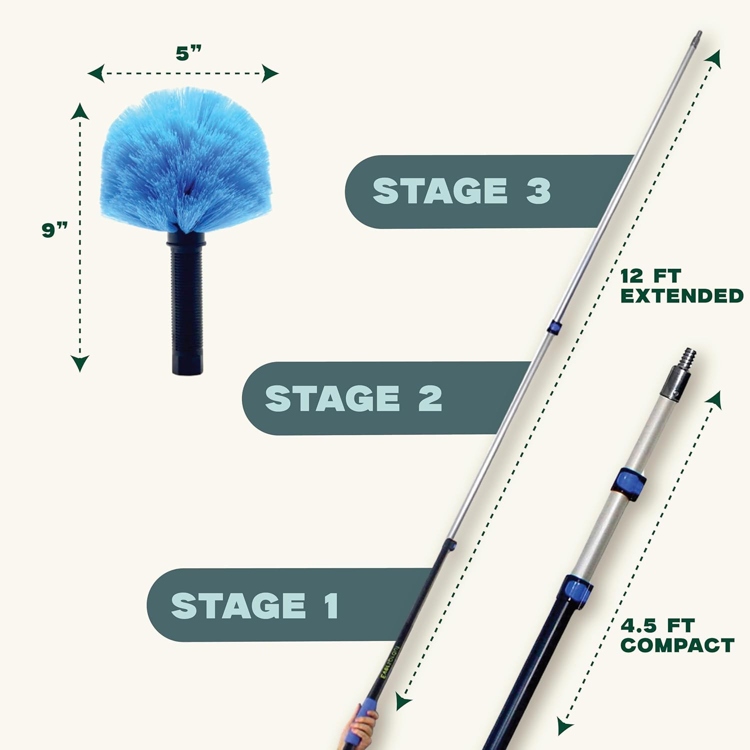 Telescoping Durable Duster with Extension Pole Lightweight 3 Stage Cobweb Duster