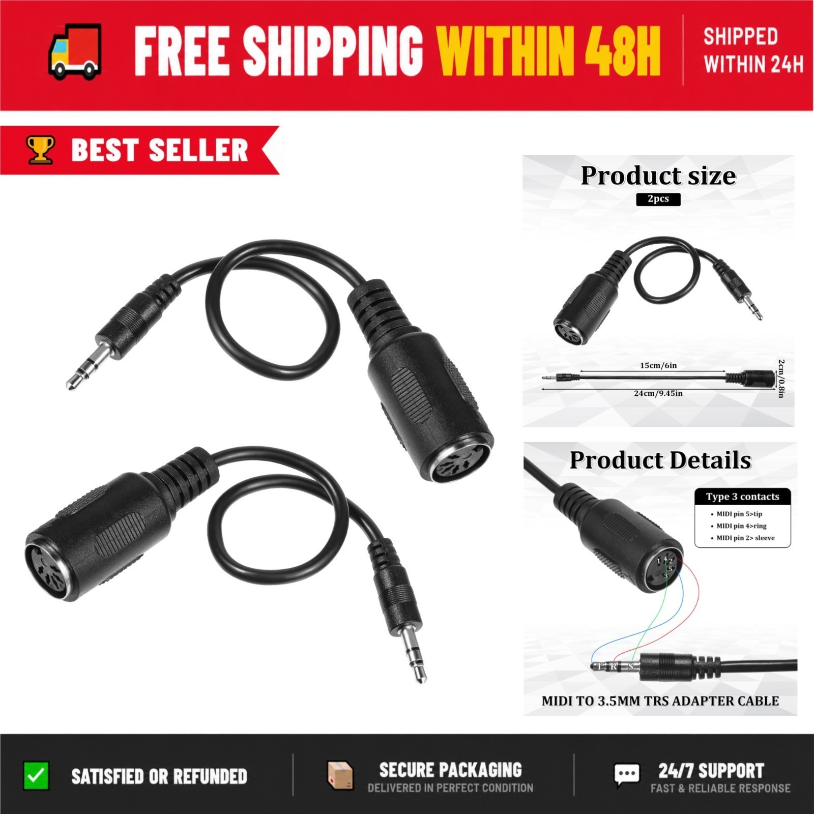Eldraqth MIDI to 3.5mm Adapter Cable - 2 Pack, 9.5" Length