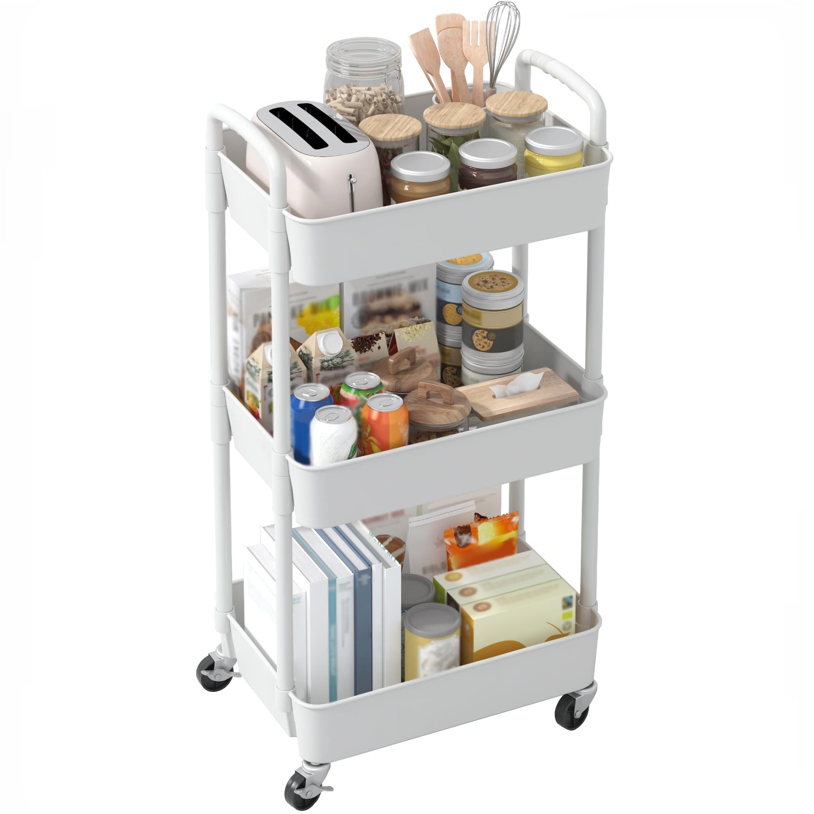3-Tier Plastic Rolling Utility Cart with Wheels for Storage,White