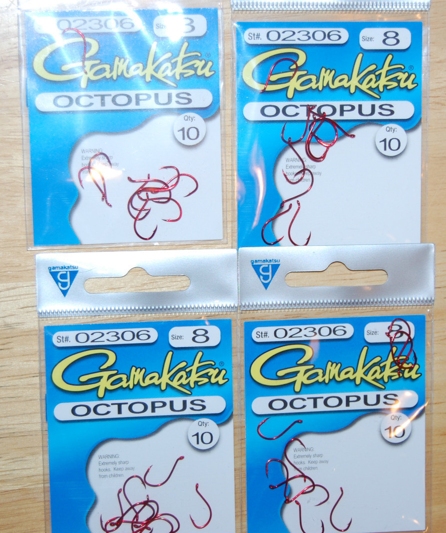 4 packs gamakatsu octopus hook size 8 10 pr pack # 02306 red trout panfish hooks