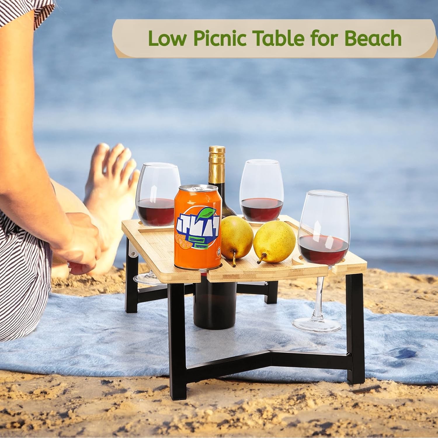 Portable Wine Picnic Table with Glass Holder, Foldable Durable Picnic
