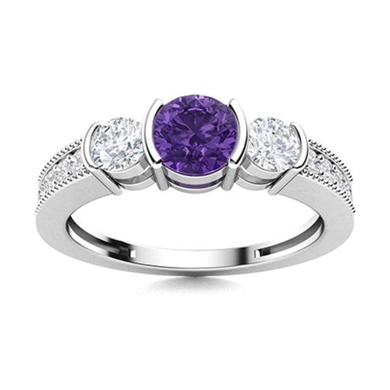 Sterling Silver Natural Amethyst February Wife Three-Stone Ring Jewelry