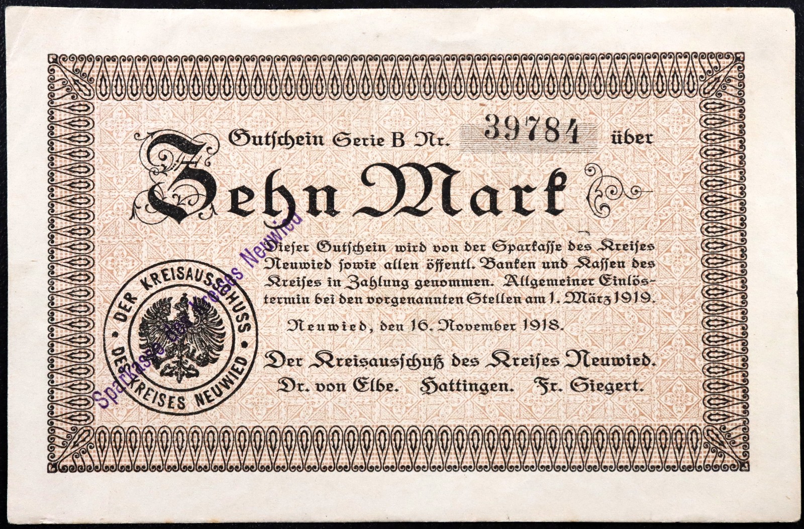 NEUWIED 1918 RARE 10 Mark Grossnotgeld German Notgeld Banknote