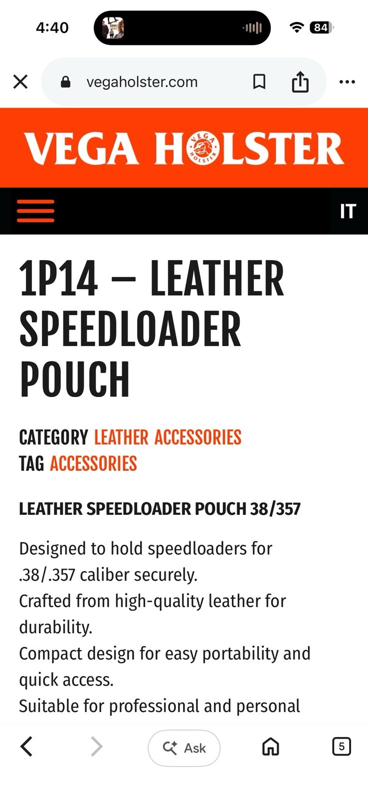 Vega Speed Loader Holster 1P14