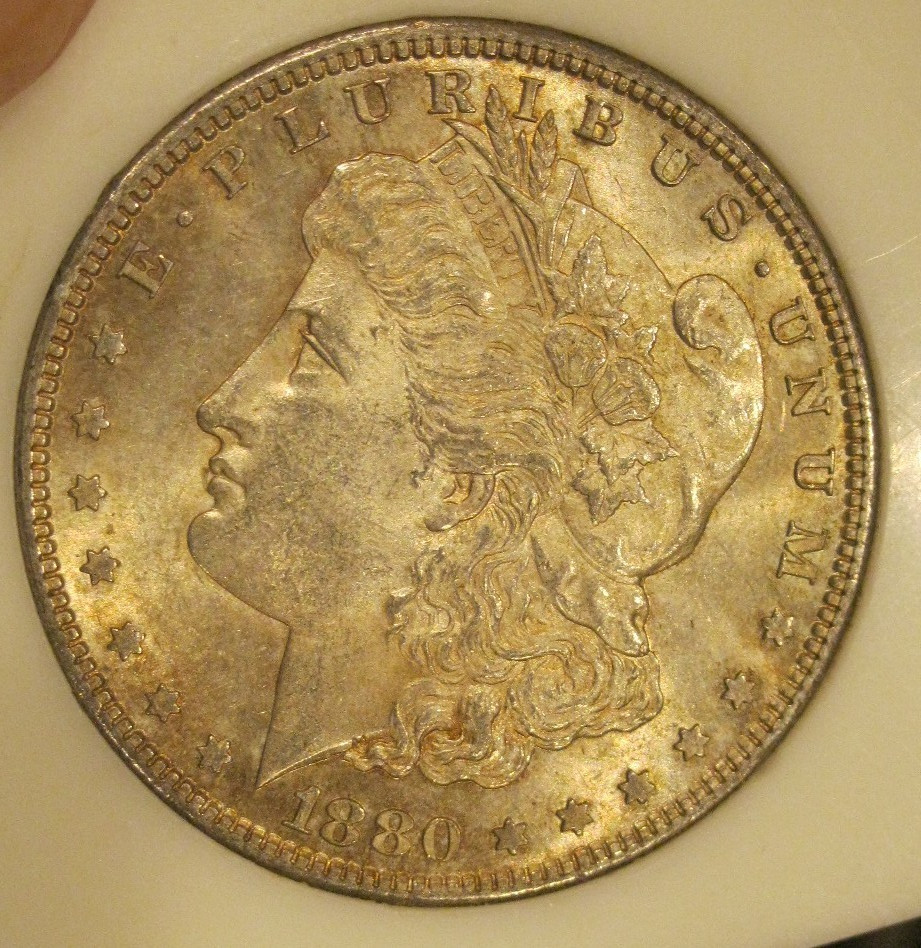 1880 S Morgan Silver Dollar - UNC, frosty, gold hue toning, 5208