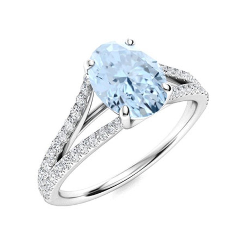 925 Sterling Silver Aquamarine Stone Solitaire with Accents Art Deco Ring
