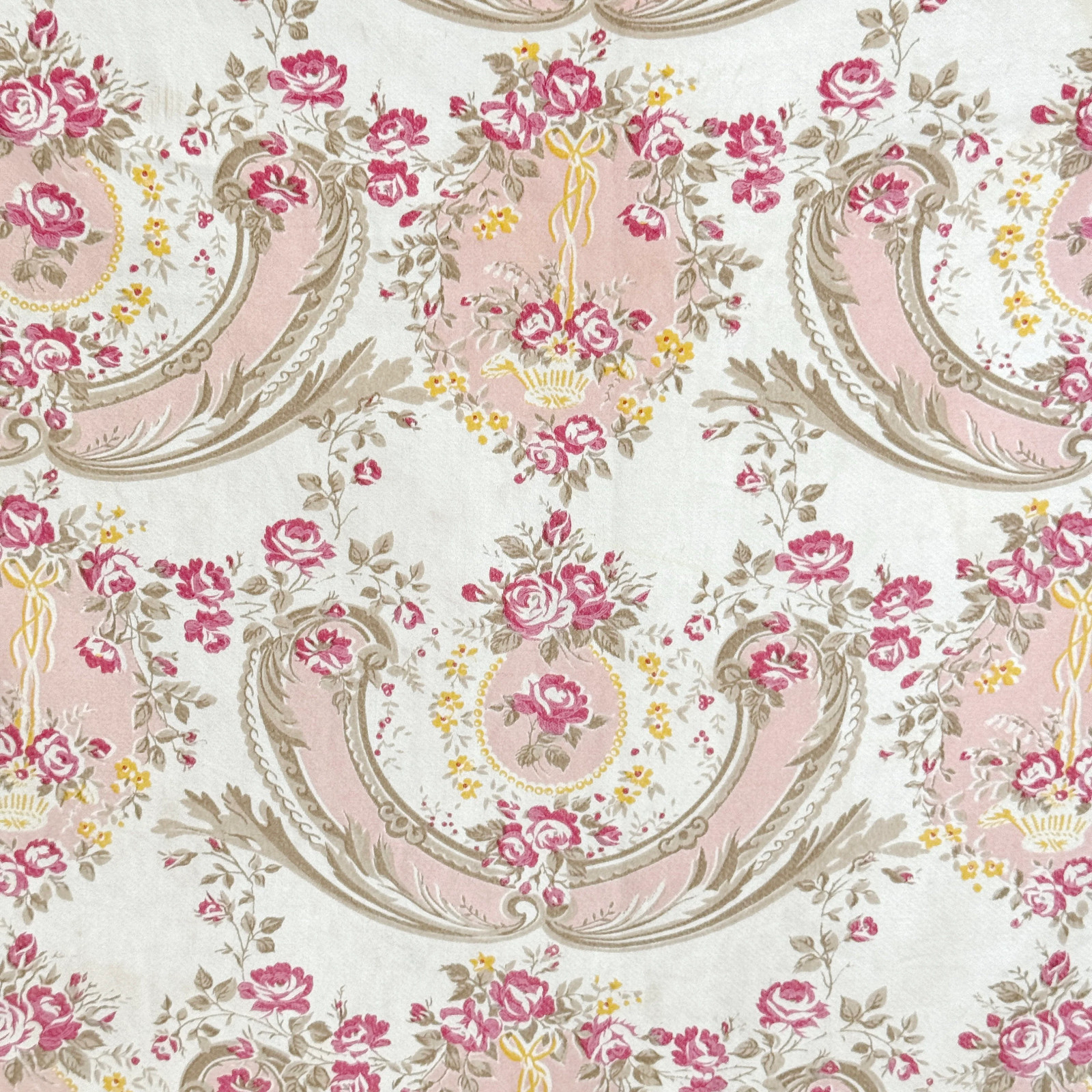65x47 Vintage 30's French floral faded curtain drape pink yellow cream unique h