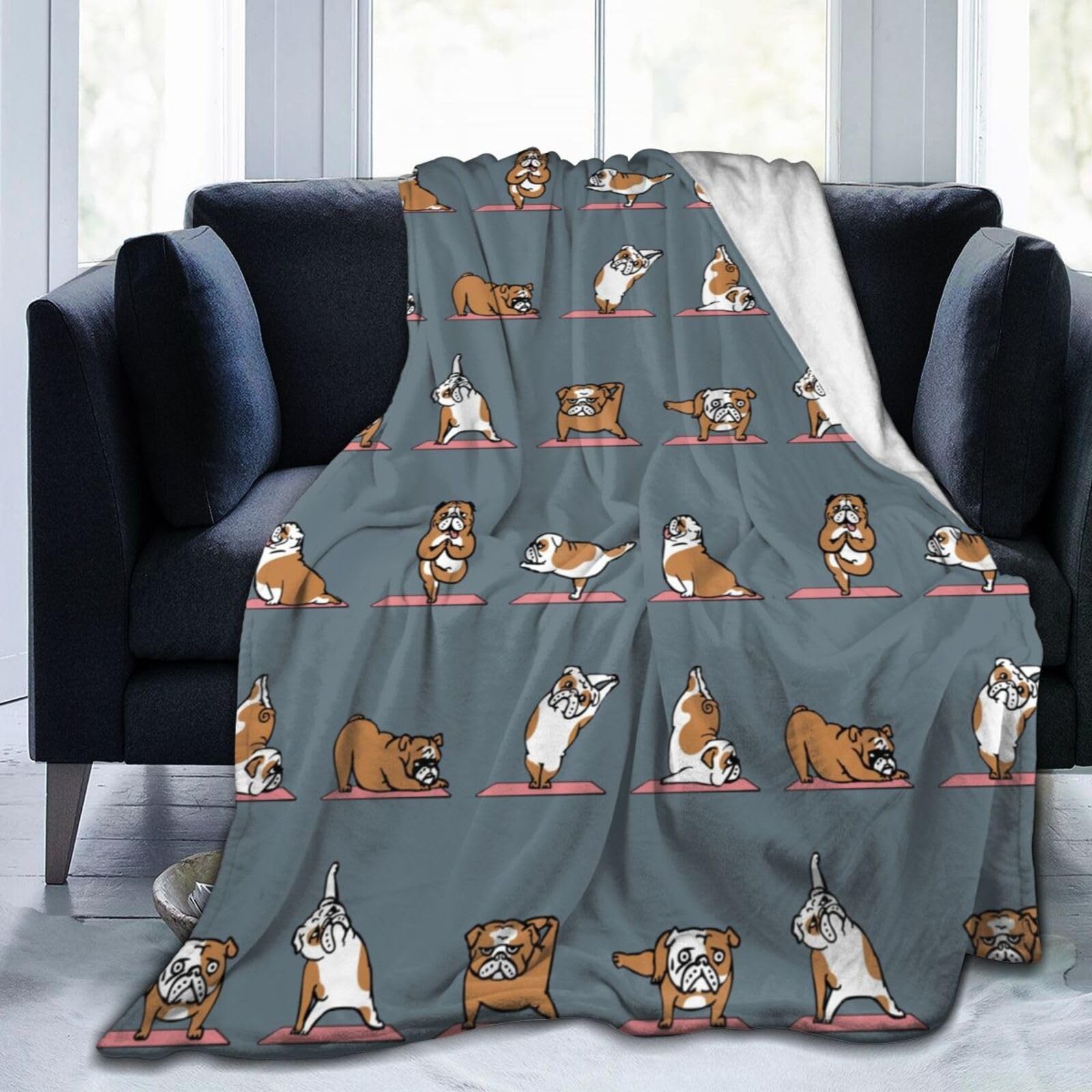 English Bulldog Yoga Flannel Throw Blanket 60x50 Inches - All Season Ultra So...