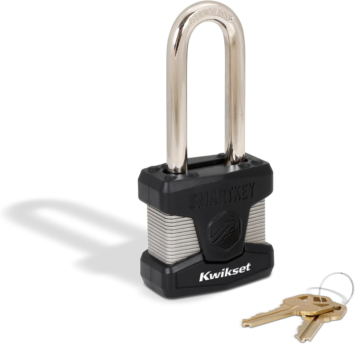 Kwikset Smartkey Re-Keyable Laminated Steel Padlock, 1-Pack, Black | Stainless