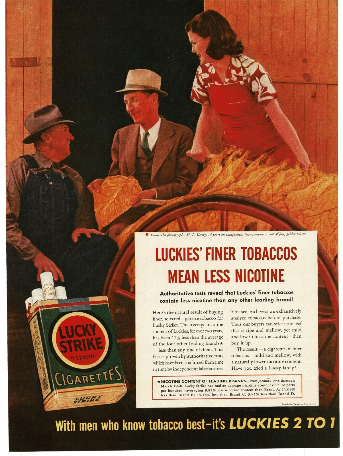 1940 Lucky Strike Cigarettes H L Kersey inspects tobacco Vintage Print Ad farmer