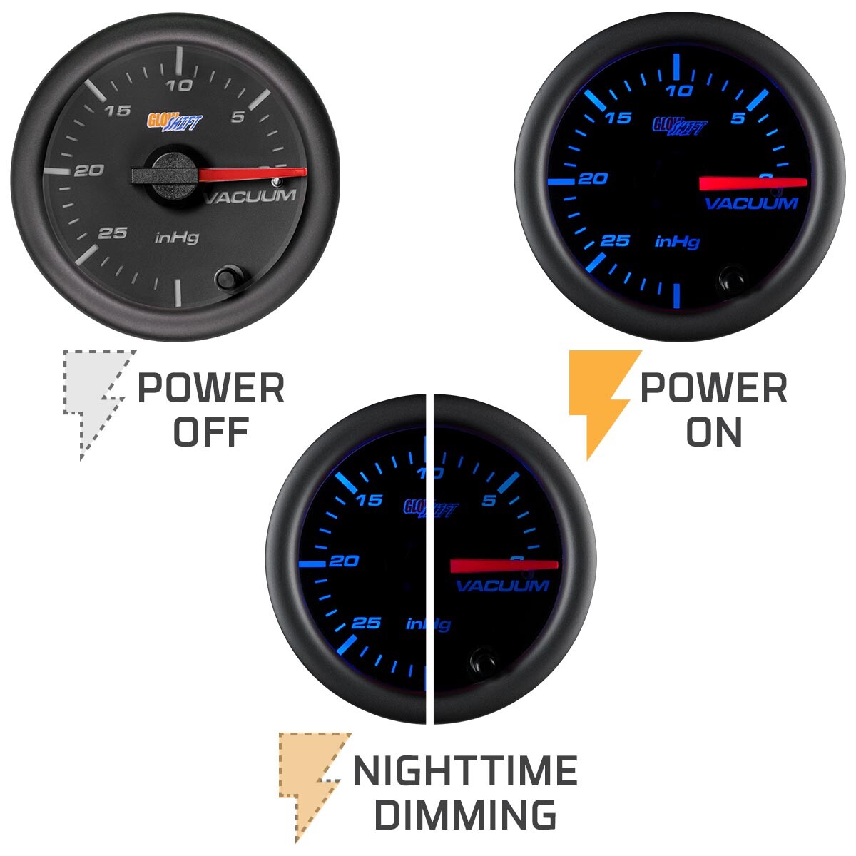 52mm GLOWSHIFT BLACK 7 COLOR LED VACUUM GAUGE METER